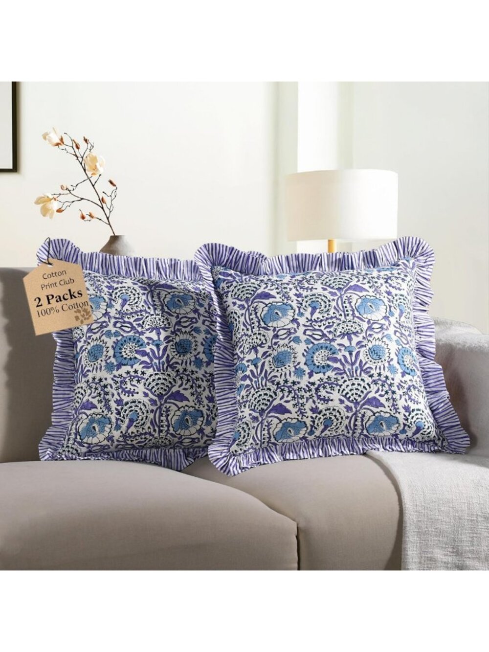Indigo Blue Ruffle Throw Pillow Covers, 20x20 Inch Cotton Stripe, Boho Couch